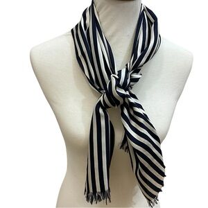 Saks Fifth Ave Pure Silk Navy Ivory Striped Scarf Fringe Classic